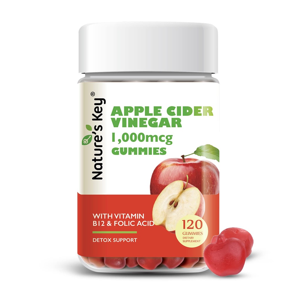 Nature 's Key Apple Cider Vinegar Gummies 120 Count ACV Gummy med folsyre vitamin B6 B12 Beetroot & Pomegranat - Vegan, Non- GMO & Gluten- fri