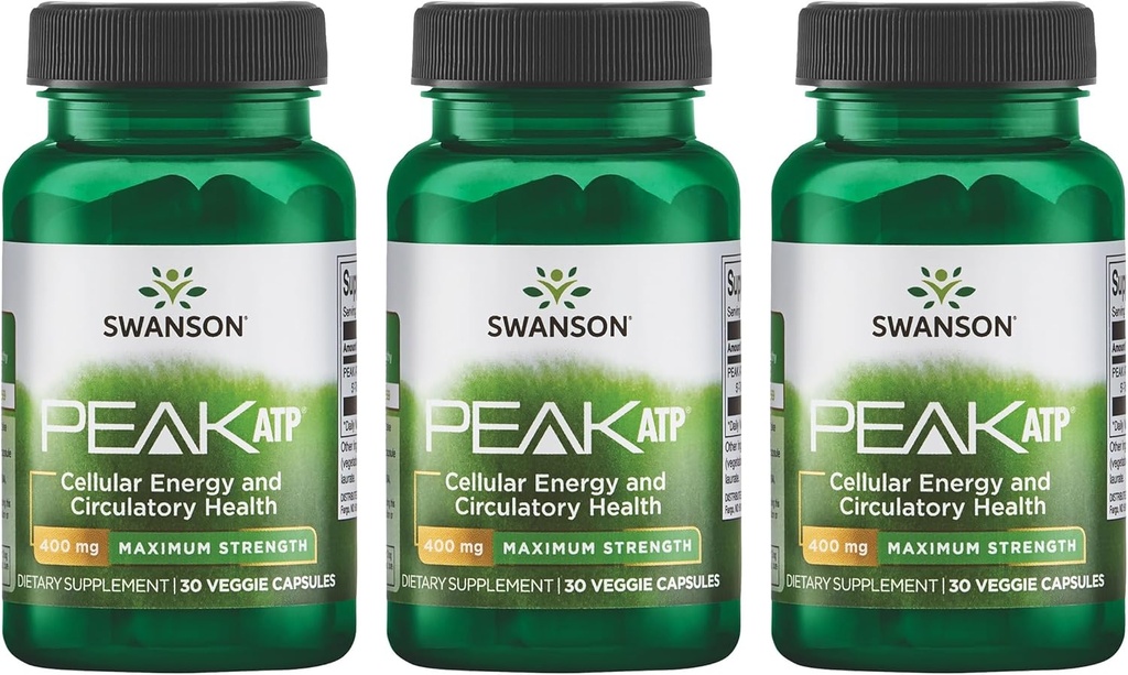 Swanson Maksimal styrke Peak ATP- Natural Supplement Fremme Cellular Energy Support - Understøtter fysisk ydeevne og fremmer sund blodgennemstrømning - (30 Veggie kapsler, 400mg Hver) 3 Pack