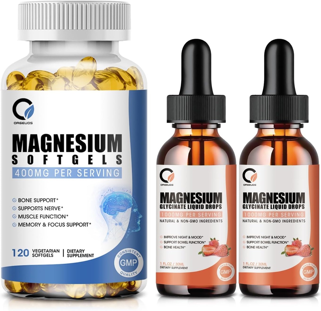 Magnesium Glycinate Drops & Magnesium Glycinate 400mg Softgel til mænd og kvinder, Support Energy, Night, Muscle & fælles funktion, Non- GMO, Vegan