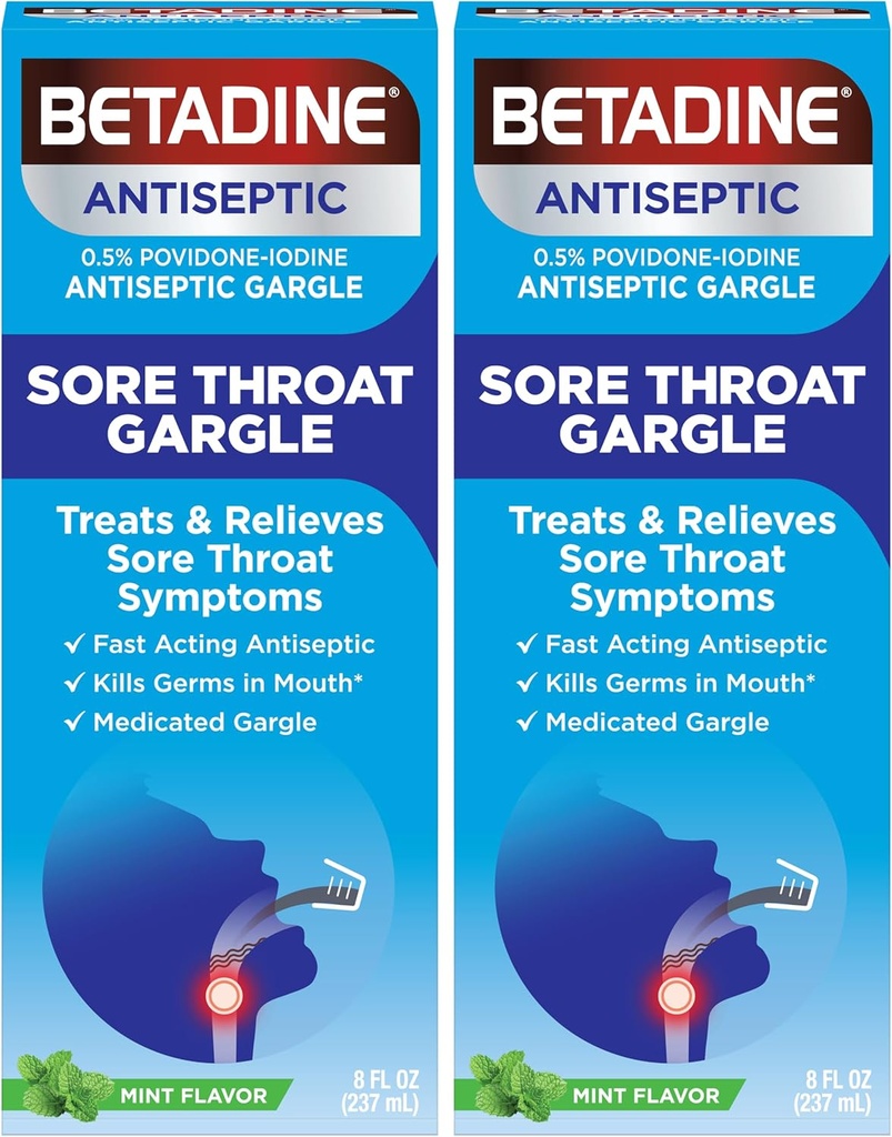 Betadine Sore Throat Relief Gargle, Mint Flavor, Hurtig virkende antiseptisk, Povidon- Jod 0, 5%, 8 oz (pakning med 2)