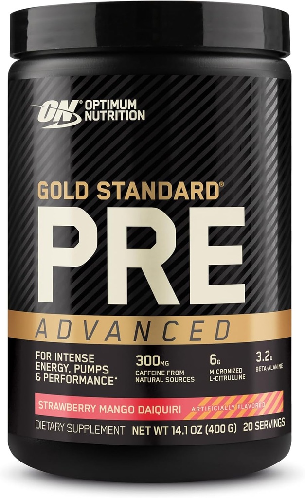 Optimum Nutrition Gold Standard Pre Workout Avanceret, med Creatin, Beta- Alanine, Mikroniseret L- Citrullin og koffein til energi, Keto Friendly, Jordbær Mango Daiquiri, 20 Servere