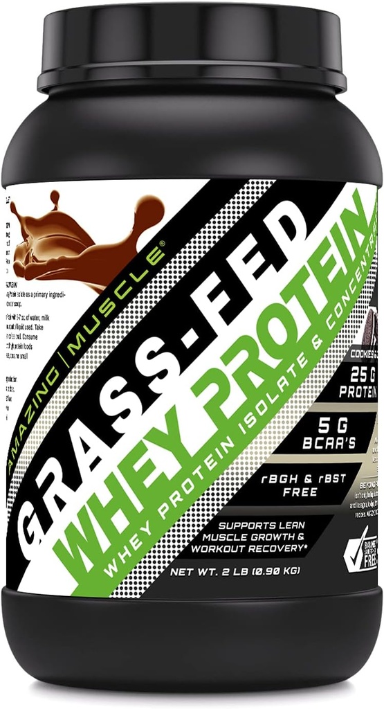 Amazing Muscle Grass- Fed Whey Protein Supplement- 124; 25 G per Serving - 124; Cookies & Cream Flavor - 124; 2 Lb (0,90 Kg) - 124; Non- GMO - 124; Gluten- Free - 124; Made in USA