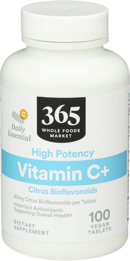 365 af Whole Foods Market, High Potency Vitamin C +, 80mg Citrus Bioflavonoider, Vegan, 100 tabletter