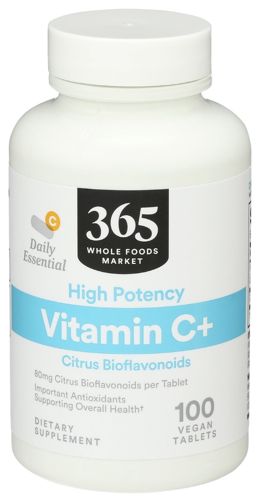 365 af Whole Foods Market, High Potency Vitamin C +, 80mg Citrus Bioflavonoider, Vegan, 100 tabletter