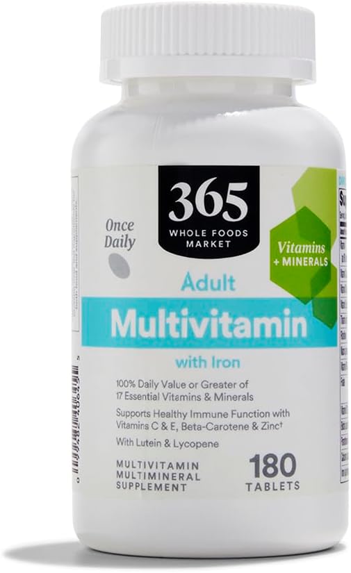 365 af Whole Foods Market, Voksen Multivitamin med jern, 17 essentielle vitaminer og mineraler, 180 tabletter