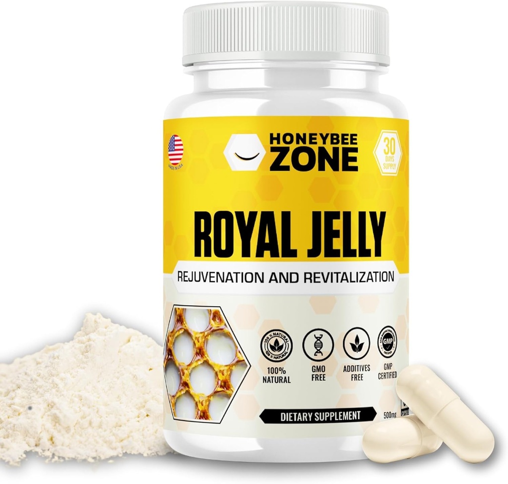 Royal Jelly Capsules - 500 mg energi, glødende hud og hjerne booster Supplement 124; Non-GMO, Gluten- fri, 60 Easy- to- synke Veggie kapsler