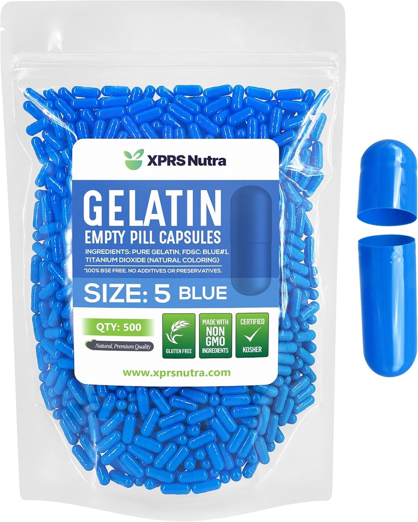 XPRS Nutra Size 5 Empty Capsules - 500 Count Very Small Empty Gelatin Capsules - Pills DIY Capsule Filling - Fillable Pill Gel Caps for Do-It-Yourself Vitamin Supplements (Blue)