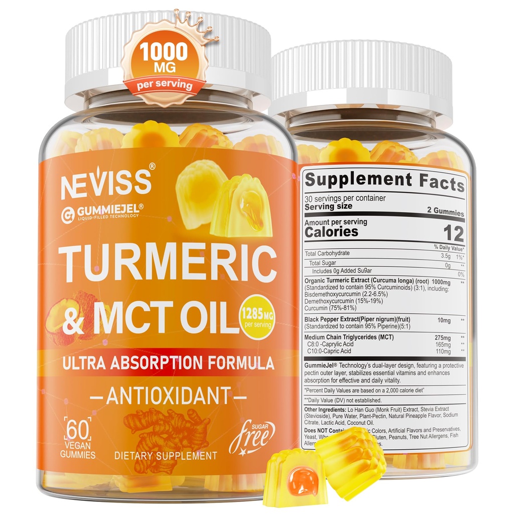 Gurkemeje Gummies 1000mg w / MCT Oil C8 C10, Organic Antioxidant, Gurkemeje supplement med sort peber ekstrakt, Support Comfort, Boost Energy, Ultra Absorption, Sugar Free, 60 Cts