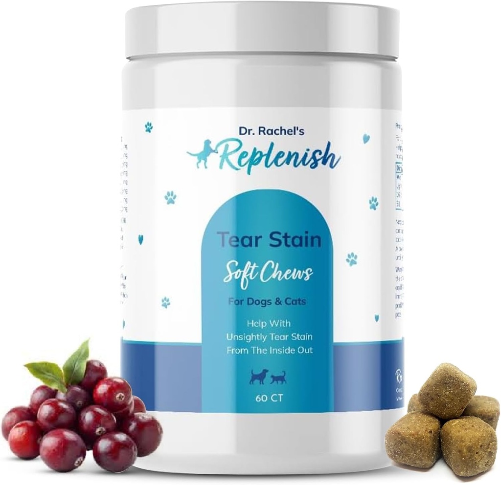 Replesh Tear Stain Chews for Dogs and Cats - Dr. Rachels Tear Stain Remover for Dogs - Dog Eye Stain Remover - Tear Stain Supplement for Dogs - Natural Tear Stain Soft Chews - 60 Greve