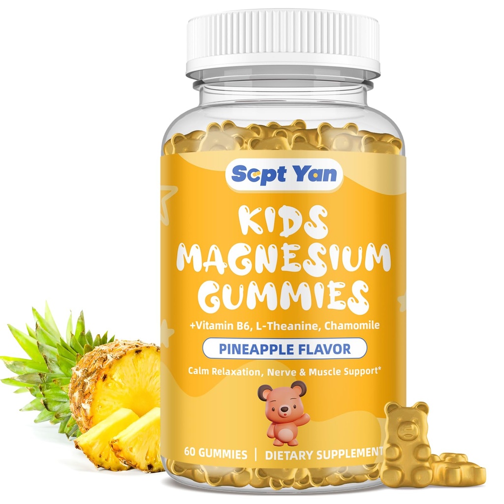 Magnesium gummier til børn - Magnesium citrat supplement med vitamin B6, L- theanin, kamille & Lemon Balm - Rolig Magnesium til børn og voksne søvn, afspænding, ananas flavor 60 gummies