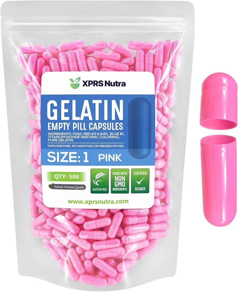XPRS Nutra Størrelse 1 Tomme kapsler - 500 Tomme Gelatine kapsler - Pille gør det - Pure Bovin Pill Gel Caps til Do- It- Yourself Kosttilskud (Pink)
