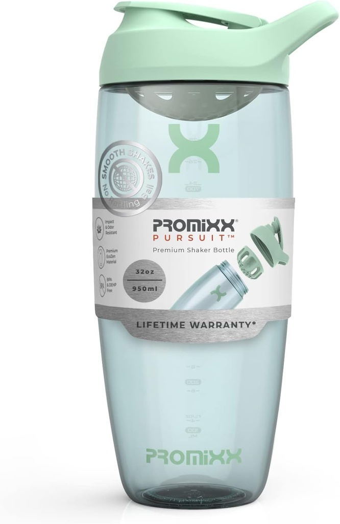 Promixx Pursuit Protein Shaker Flaske (32 oz) - Silent No- Ball Mixer, Leak- Proof Lid, BPA / BPS & Phthalate- Free ECOZEN - Easy- Clean Shaker Cup for Protein Shakes, Pre & Post- Workout Smoothies