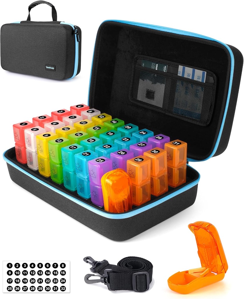 Månedlig Pill Organizer 3 gange om dagen med Pill Cutter, 30 dage Pill Organizer Månedlig, Måned Medicine Box Holder Organizer med 31 daglige afdelinger, Hard Shell rejse sag & Fjernet skulderstropper