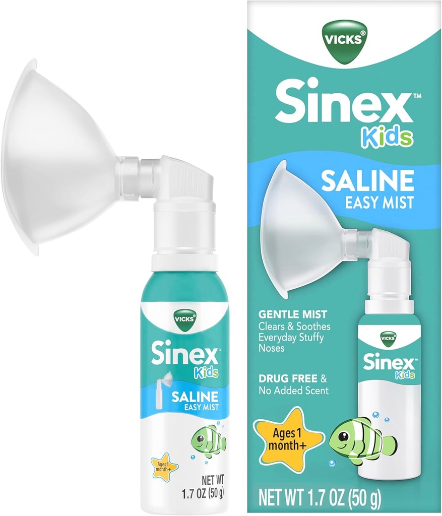 Vicks Sinex Kids Saline Easy Mist, Drug Free Saline, Age 1 Måned +, Renser og lindrer hverdagen Stuffy Noses, Sikker til daglig brug, 1.7 OZ