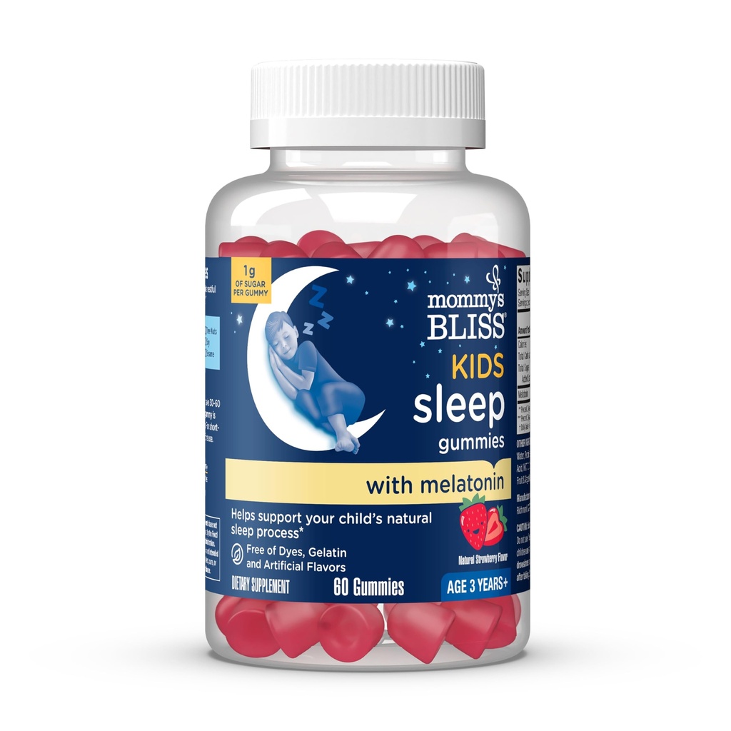 Mors Bliss Kids Sleep Melatonin Gummies, Ingen Kunstige Farver, Arter eller Gelatine, Jordbær Flavor Børns Melatonin Gummies, Alder 3 +, 60 Greve