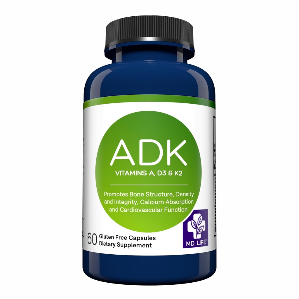 MD.Life ADK Vitamin Supplement - Vitamin D3 K2 og A Complex - 60 kapsler - Høj potens Vitamin ADK til ben og hjerte sundhed støtte