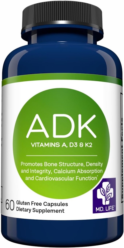 MD.Life ADK Vitamin Supplement - Vitamin D3 K2 og A Complex - 60 kapsler - Høj potens Vitamin ADK til ben og hjerte sundhed støtte