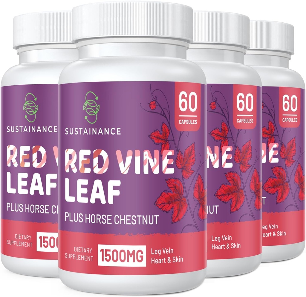 Red Vin Leaf Extract 1400mg & Horse Chestnut Extract 100mg tillæg for ben, Vein, cirkulering, hjerte, hud (60 kapsler - 4 flasker)