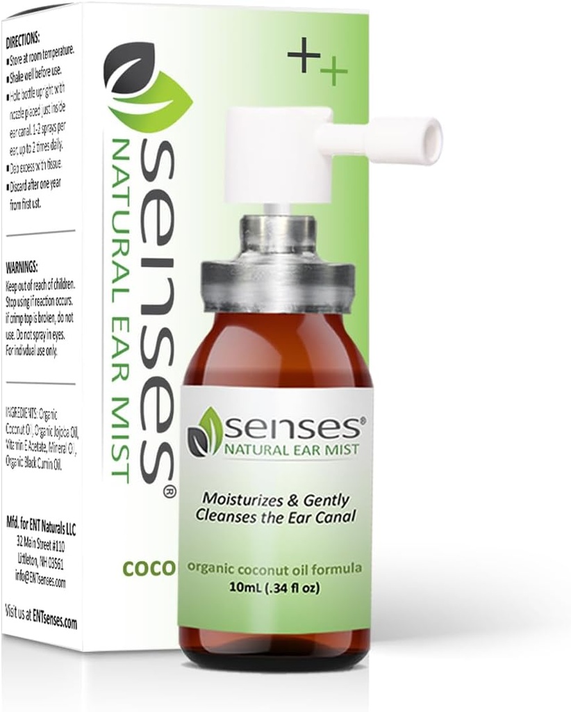 SENSES Natural Ear Drops - Læge Formuleret Lindring, Økologisk Kokosolie til Irriterede Ører - Brug til clearing, moisturizing, Relief fra Allergier, Høremidler, og Ear Wax, 0.34 Fl Oz