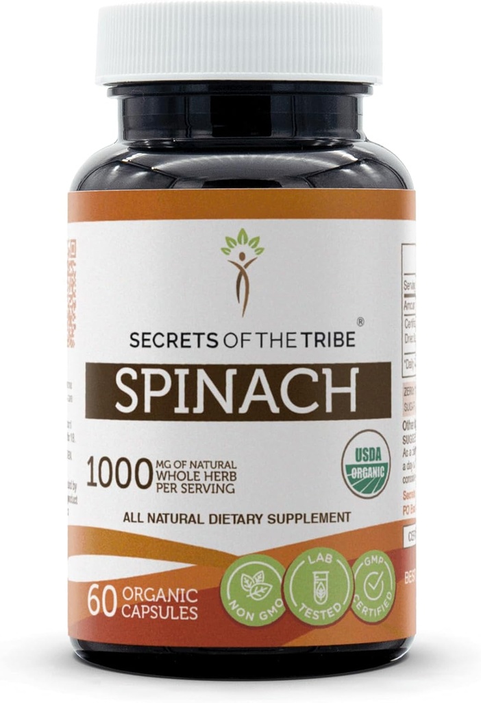 Secrets of the Tribe Spinach 60 Capsules, 1000 mg, USDA Organic Spinach (Spinacia oleracea) Tørret Leaf (60 Capsules)