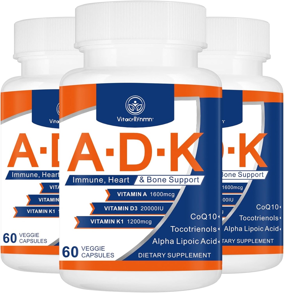 ADK vitamintilskud 20000 IE - højpotens Vitaminer A, D3 og K1 for hjerte, ben sundhed og immunforsvar Vitamin ADK 180 kapsler