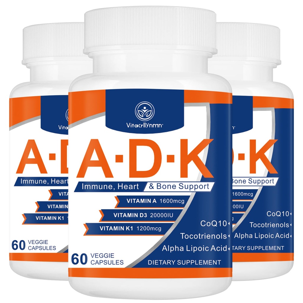 ADK vitamintilskud 20000 IE - højpotens Vitaminer A, D3 og K1 for hjerte, ben sundhed og immunforsvar Vitamin ADK 180 kapsler