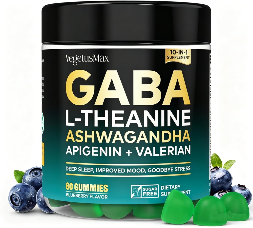 GABA Gummies 500mg Sugar-Free Calm Gummies with L Theanine, Ashwagandha, Magnesium, Vitamins D3, B6, Melatonin-Free for Calm, Mood, Zzz, GABA Supplement for Adult, Blueberry Flavor, 60 Count