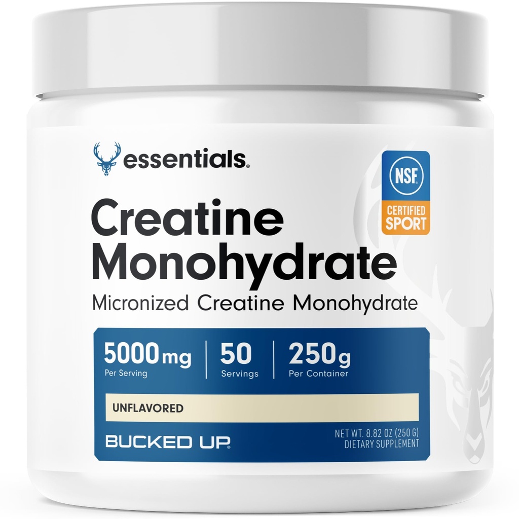 Bucked Up Pure Mikroniseret Creatin Monohydrat for kvinder og mænd - Let at blande og unflavored - 5G Per Servering - 50 Servering - 250 Bedste Per Container