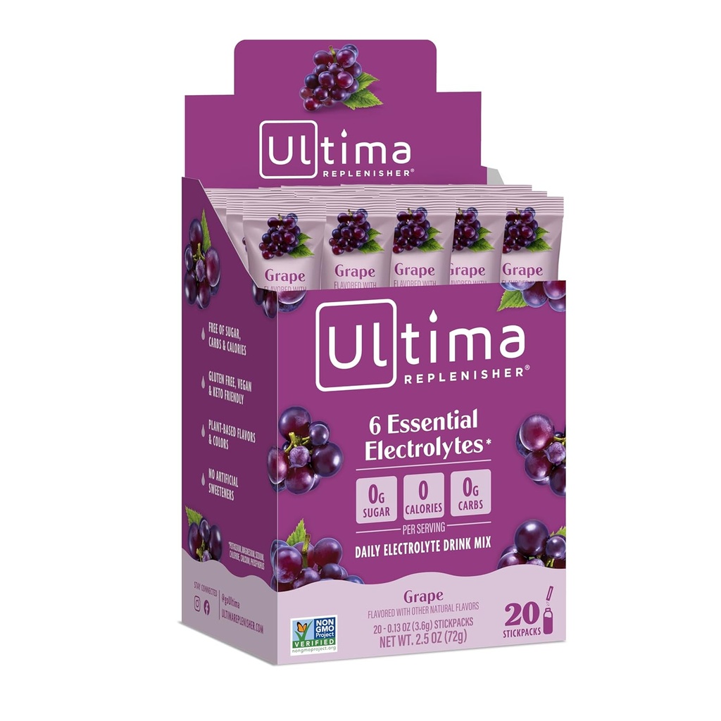 Ultima Replenisher Hydrating Electrolyte Powder, Grape, 20 Greve Box, ingen sukker, ingen kulhydrater, ingen kalorier, Keto, Glutenfri, Non- GMO, Vegan