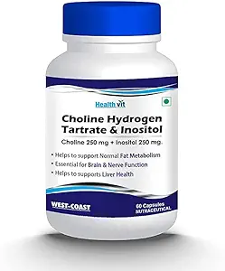 Cholin Hydrogen Tartrat 250 mg & Inositol 250 Mg - 60 Capsules ttesmå 124; Energi Metabolisme, Leversundhed, Essential for Brain & Nerve Function - Non-GMO, Vegan, Gluten Free, Dairy Free