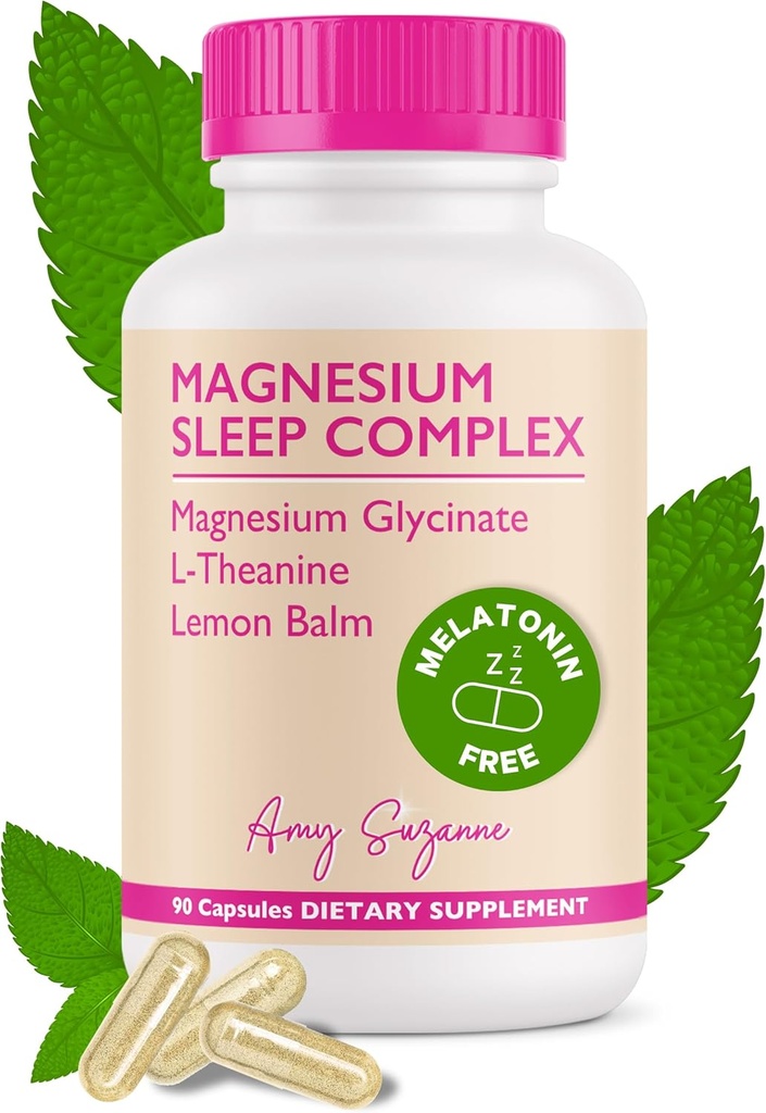 Magnesiumsovekompleks med L- Theanin og Lemon Balm - Melatoninfri søvnstøtte til naturlig ro og afslapning - Magnesiumglycinat - 90 kapsler