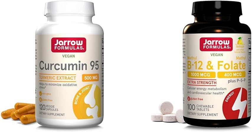 Jarrow Formulas Curcumin 95 500mg - Op til 120 Servere (Veggie Caps) & Ekstra styrke Methyl B- 12 1000 mcg & Methyl Folate 400 mcg + P- 5- P