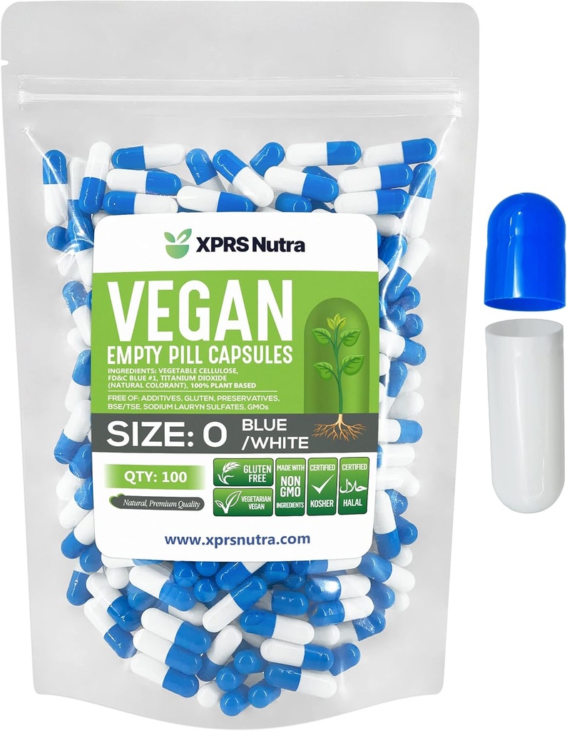 XPRS Nutra Størrelse 0 Tomme kapsler - 100 Grev Tomme Veganske kapsler - Vegetariske piller - selv vegetabilsk Capsule Fyldning - Veggie Pill Caps til Do- It- Yourself Suppements (blå / hvid)