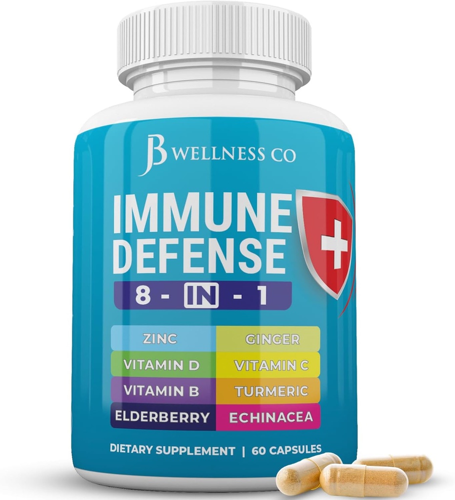 Immunstøtte 8 i 1 kapsler - Zink supplement, vitamin D3, C-vitamin og hyldebær - Immunbooster tillæg med Echinacea, Ginger Root, og gurkemeje