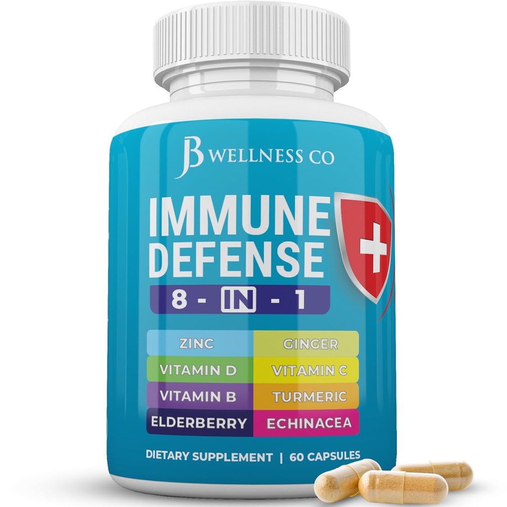 Immunstøtte 8 i 1 kapsler - Zink supplement, vitamin D3, C-vitamin og hyldebær - Immunbooster tillæg med Echinacea, Ginger Root, og gurkemeje