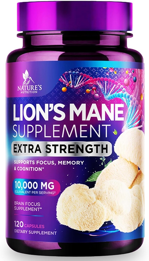 Lions Mane Mushroom Capsules 10,000mg - Lions Mane Supplements Capsules for Memory and Focus Support, Brain, Immun Health Support, Vegan, Flasket i USA, Lions Mane Mushroom Powder Extract, 120 Greve