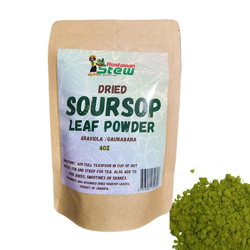 RastaMan Stew Græsset Tørret Soursop Tea Økologiske blade Pulver, Pure Graviola Leaf Extract / Guanabana blade / Sour Sop Stem - Rich in Antioxidant and Nutrients - Ingen Konserveringsmiddel (4oz) Brown
