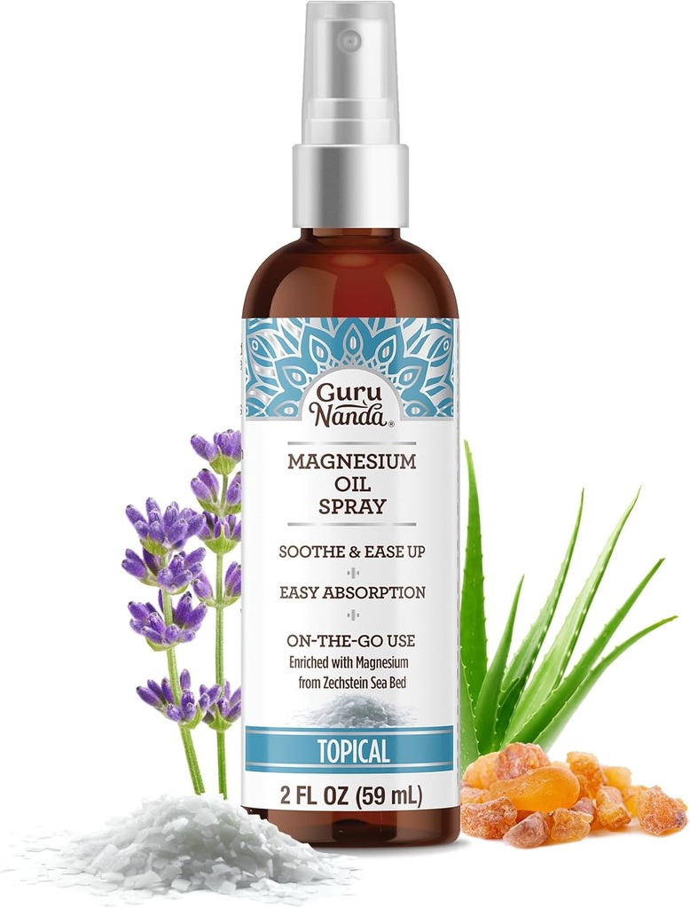 GuruNanda Magnesium Oil Spray (2 Fl Oz), tematisk Magnesium Spray med Natural Essential Oliils & Aloe Vera, Hjælper med Muskel ømhed & Afslapning, Cruelty- Free