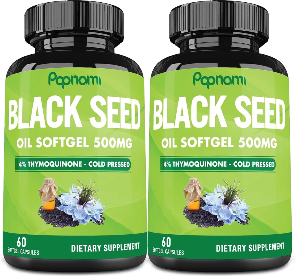 Premium Black Seed Oil Softgel kapsler - 2 pakker 60 Tæller 500mg - 4 Måned Supply for Immunity, Circulation, fordøjelsesbesvær, hud, hår & krop management