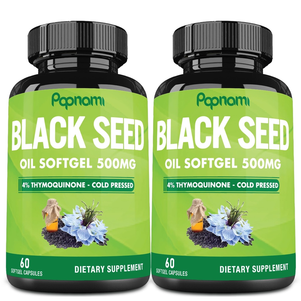 Premium Black Seed Oil Softgel kapsler - 2 pakker 60 Tæller 500mg - 4 Måned Supply for Immunity, Circulation, fordøjelsesbesvær, hud, hår & krop management