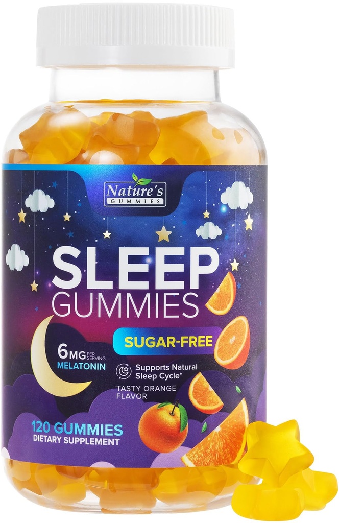 Sovegummi 6 mg per servering - Sukker fri Melatonin Gummy supplement til voksne - Natural Zero Sugar Sovende Gummy til voksne & Børn, Orange smag, ekstra styrke sovende støtte - 120 Gummies