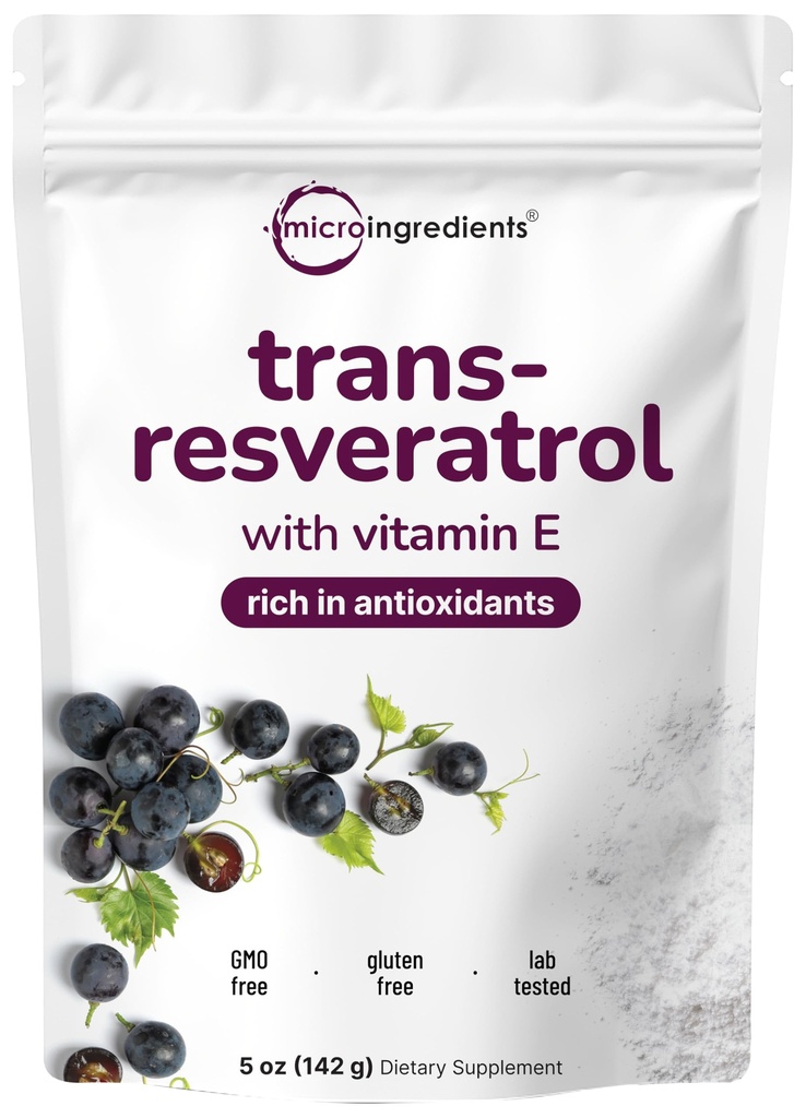 Pure trans- Resveratrol pulver med vitamin E, 5 Ounce, 2 i 1 Formel, Mikroniseret pulver til bedre absorption, Premium Resveratrol supplement, Super antioxidant