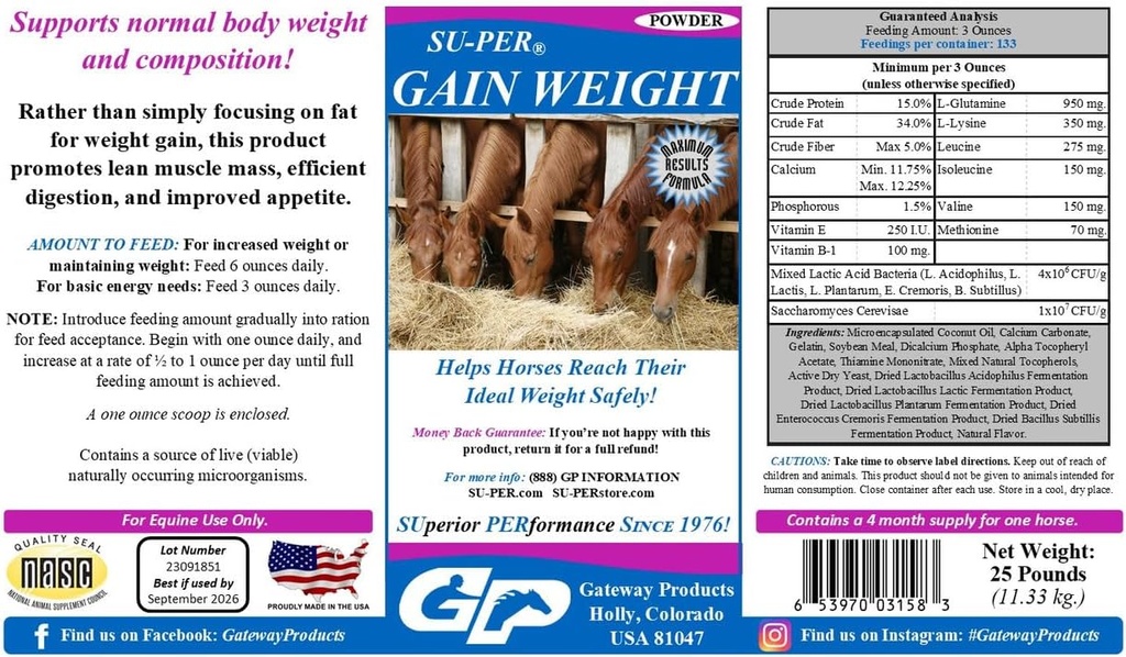 SU- PER Gain Vægt til heste - Equine Supplement Vægt Gainer til heste - fremmer Lean muskelmasse, fordøjelse & Appetit - 25 Pund, 4 Måned Supply