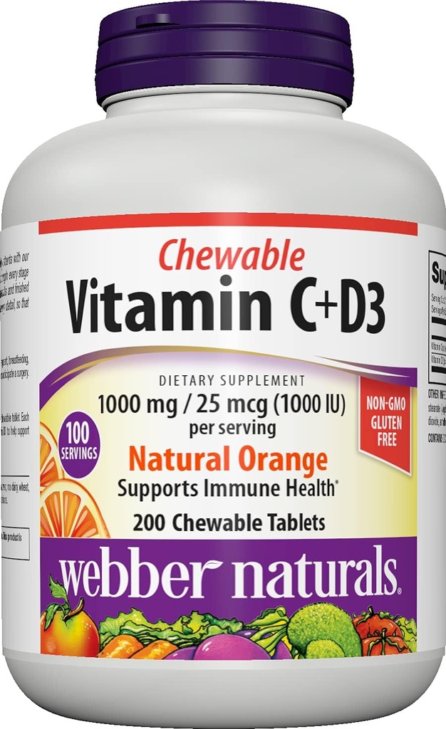 Webber Naturals C-vitamin + D3, 200 tyggetabletter, 1000 mg C-vitamin med 1000 IE D3-vitamin per servering, ben, tænder, immunforsvar og antioxidant, non GMO, Dairy & Gluten Free