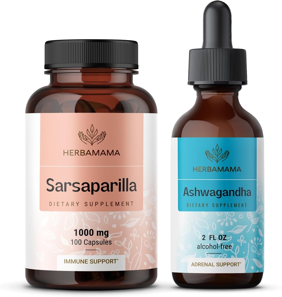 HERBAMAMA Sarsaparilla og Ashwagandha Kit - Bundle of 1000 mg Sarsaparilla Root Capsules & Ashwagandha Root Tincture 2 fl oz - Vegan, Non- GMO, Sugar & Alcohol- Free - 2 Pack