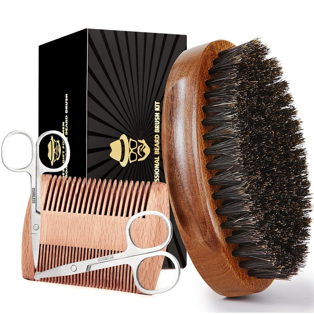 Søvn Beard Børst til mænd, 100% Pure vildsvin Brittle Beard Børste, Beard Grooming sæt herunder Beard Comb, 2 Pcs Mustache Saks, og Travel Bag