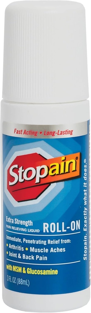 Stopain Pain Relief Roll On Gel 3oz, USA Made, Max Strength Fast Funktion med MSM, Glucosamin, Menthol for Gigt, Lavere Ryg, Knee, Neck, HSA FSA Godkendt OTC Topical Analygesic Products