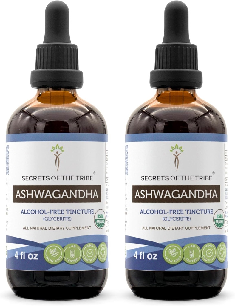 Ashwagandha Tincture Alcohol- Free Extract, USDA Organic Ashwagandha Withania Somnifera Anti- Stress and Relaxation 2x4 OZ