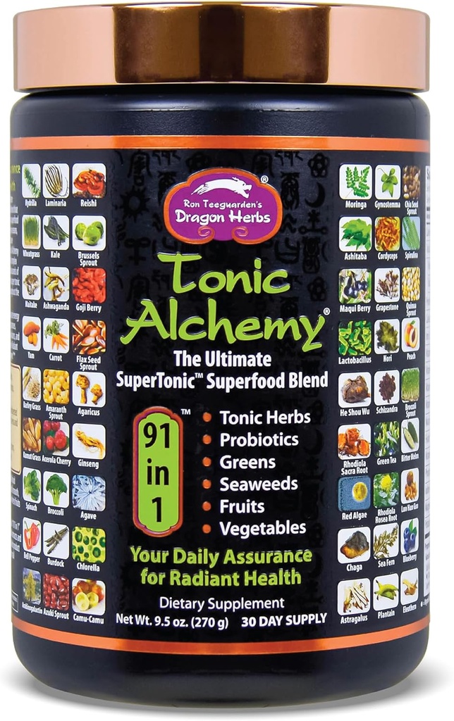 Drage urter Tonic Alchemy Superfood Green Pulver med 91 Ingredienser: Tonic urter, Ashwagandha, svampe, Probiotika, Super Green, Seaweeds, Frugter, Grøntsager, Spirulina - 30 Servere