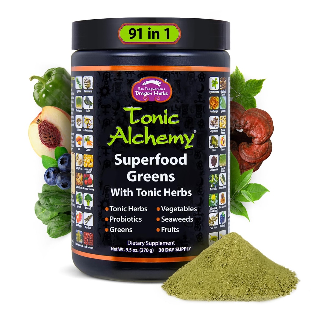 Drage urter Tonic Alchemy Superfood Green Pulver med 91 Ingredienser: Tonic urter, Ashwagandha, svampe, Probiotika, Super Green, Seaweeds, Frugter, Grøntsager, Spirulina - 30 Servere